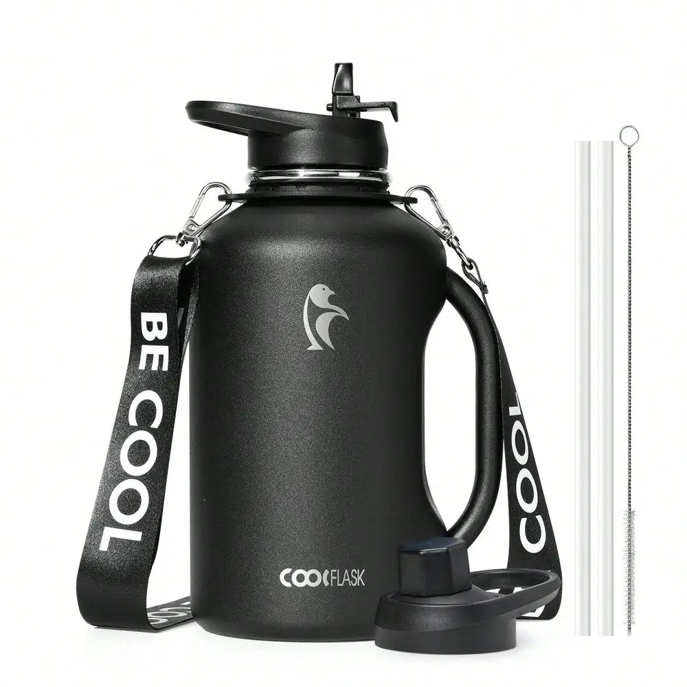 

64oz Insulated Water Bottle With Handle Strap, Stainless Steel Half Gallon Water Drinkware With 2 Lids Straws, Leakproof Mug Tu
