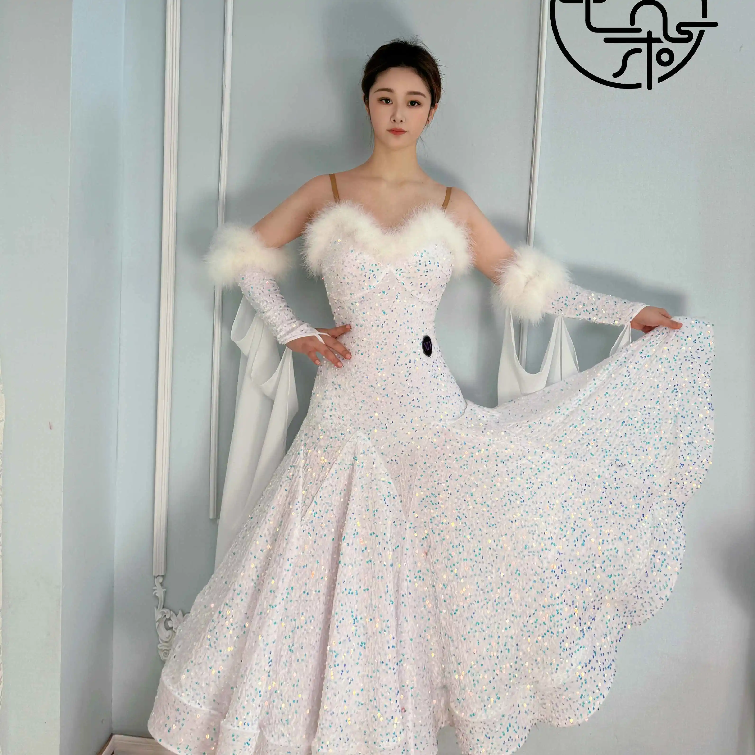 High End Full Sequins Ballroom Dance Competition Clothing White Gray Feather Dress Waltz Dance Costumes Stage Dresses BL18451