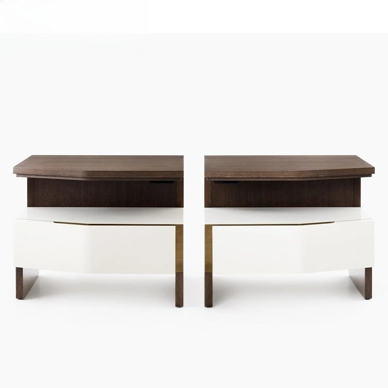 

Modern minimalist wooden bedroom bedside table hardware details with counter light luxury home locker