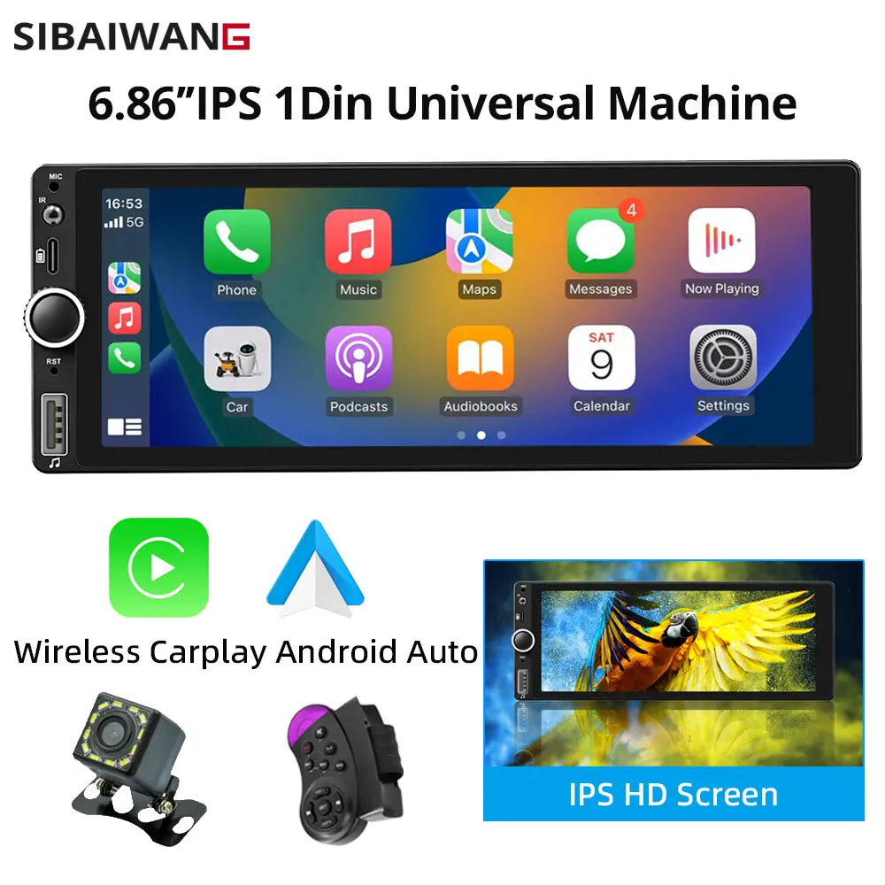 6.86'' IPS HD Screen 1Din Car Radio Multimedia Video MP5 Player 60W*4 Wireless Carplay Android Auto BT Type-C WIFI FM RDS Camera