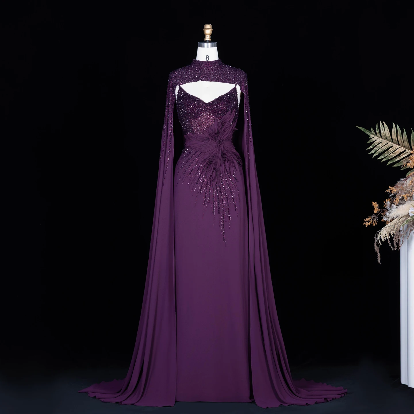 Sharon Said Abendkleider Luxuriöse Meerjungfrauen-Kleider mit V-Ausschnitt, Chiffon, Kristallen, Arabisch, Dubai, formelle Partykleider mit Umhang SS074 Maßanfertigung – Detail 12