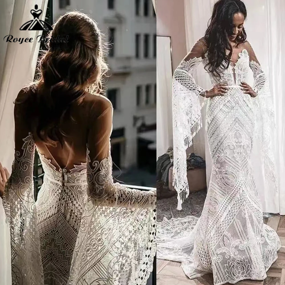 

Beach Flare Long Sleeve Lace Wedding Mermaid Dresses Bridal Gowns See Through Sexy Vestido De Noivas Roycebridal