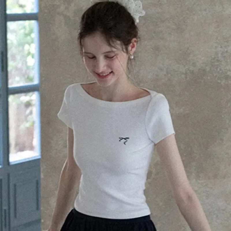 New Women's New Spliced Pullover One-line Collar Fashionable Slim Fit Versatile Design Short-sleeved T-shirt Top