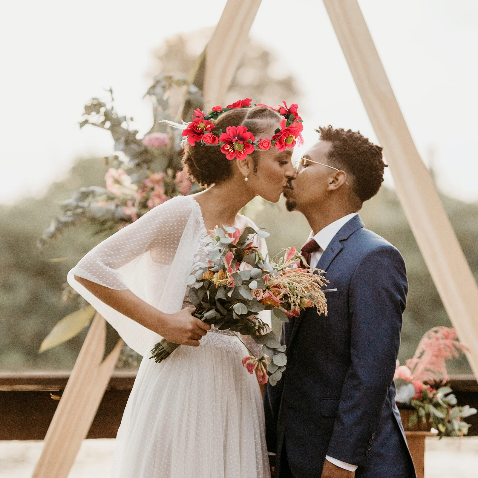 

Red Flower For Women Bohemian Floral Crown Adjustable Wedding Floral Crown Headband Photo Prop Hair Accessory