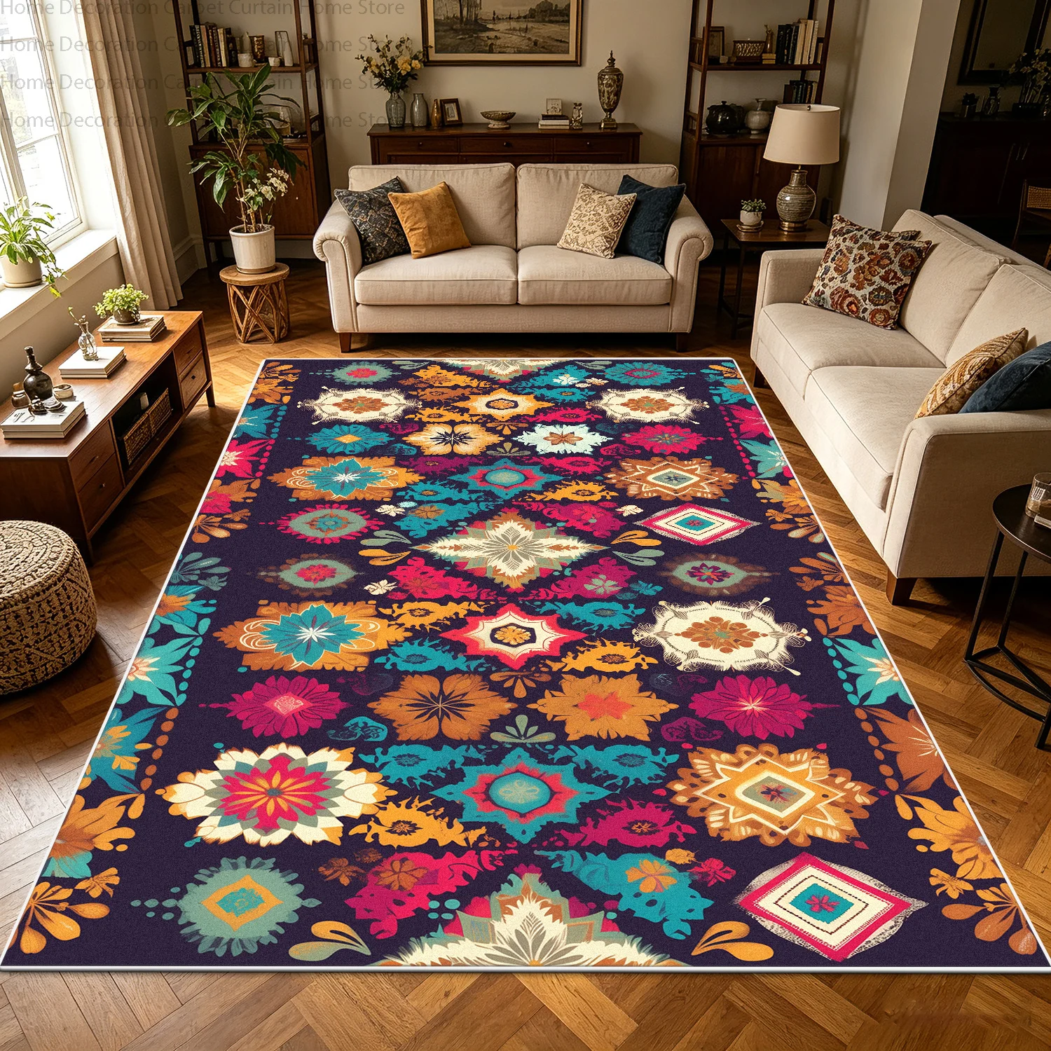 Bohemian Colorful Floral Patchwork Carpet Ethnic Style Living Room Large Area Rug Washable Non-slip Soft Bedroom Decor Floor Mat