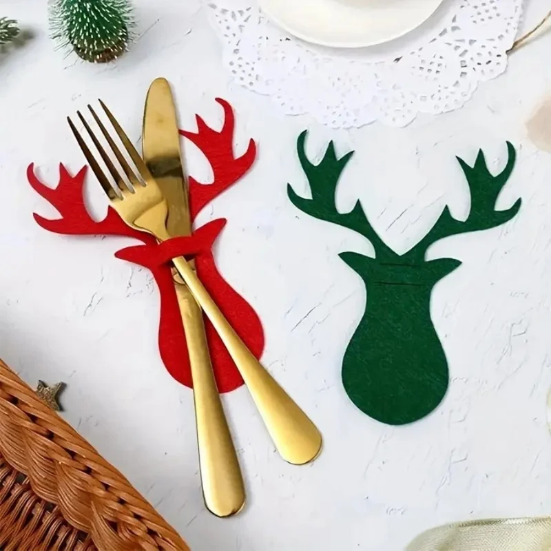 2/4pcs Christmas Reindeer Felt Cutlery Holder Elk Knife Fork Bag Xmas Table Decoration Party Tableware Pocket Home Decor Gifts