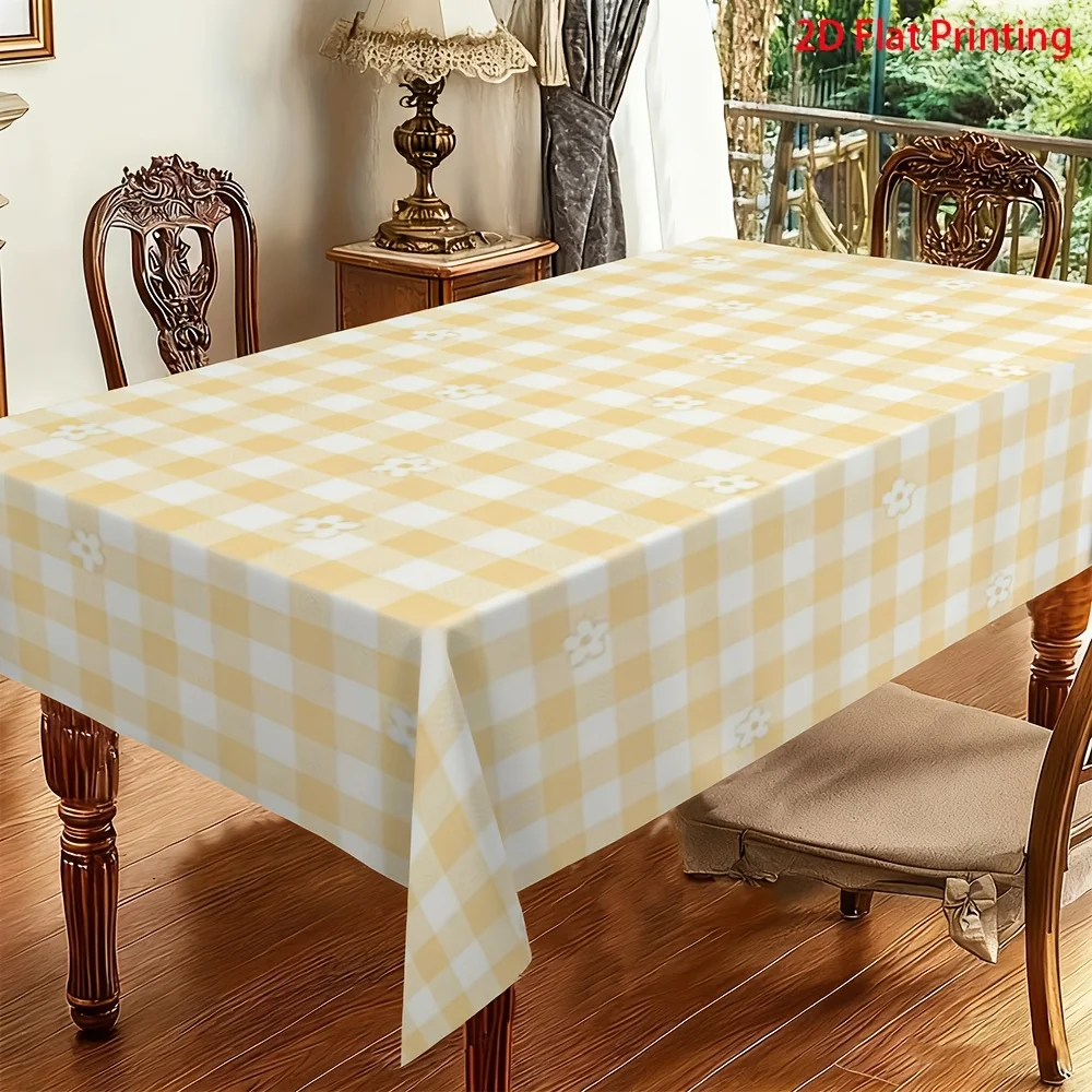 1pc High-end Versatile Spring Light Yellow and White Checkered Small Flower Pattern Tablecloth 2D FLAT Artxzj