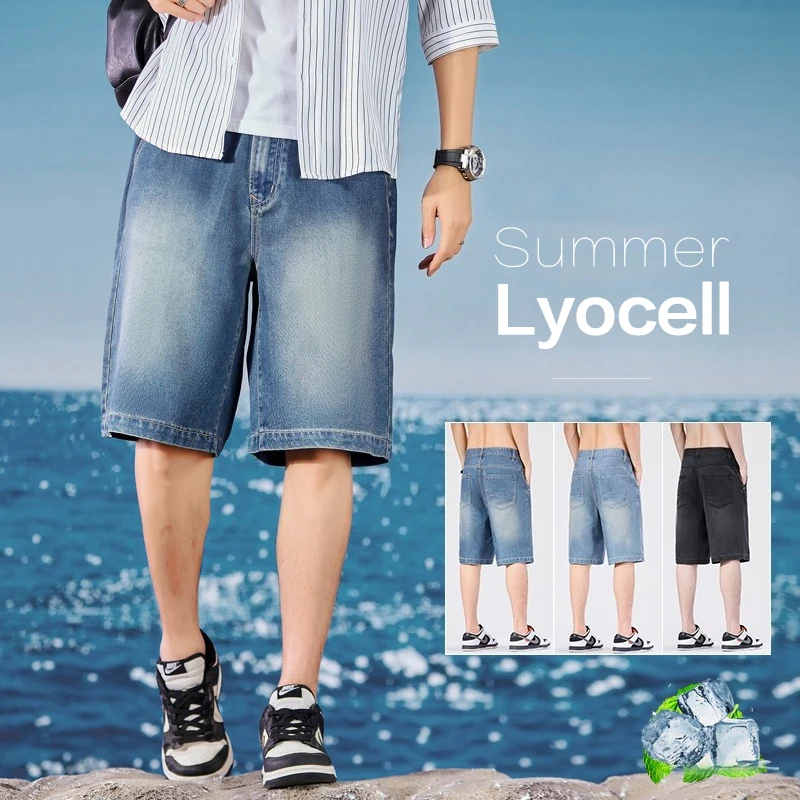 Pantalones Cortos de Mezclilla Delgados de Verano para Hombre, Tela Lyocell, Estilo Holgado y Recto, Largura hasta la Rodilla, Jeans, Joggers, Jorts, Bermuda, Tallas M-4XL