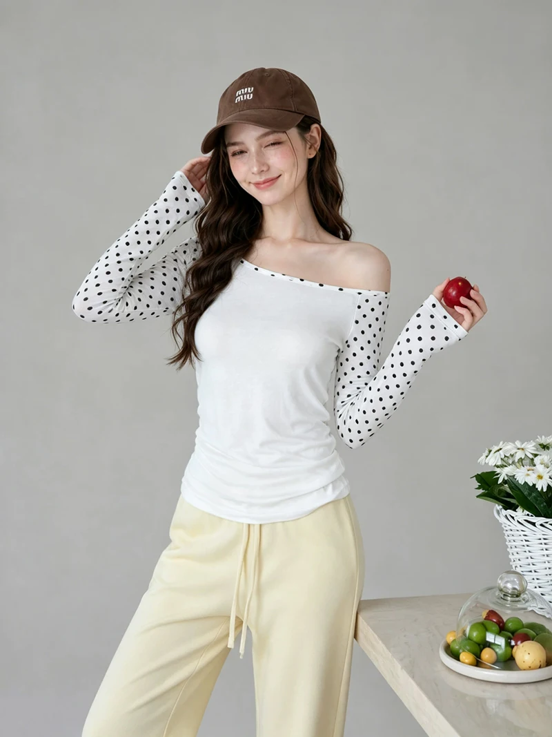 Women Polka‑Dot Contrast Raglan Crew Off‑Shoulder Slim‑Fit Fall Top Slightly‑sheer Long‑Sleeve T‑shirt