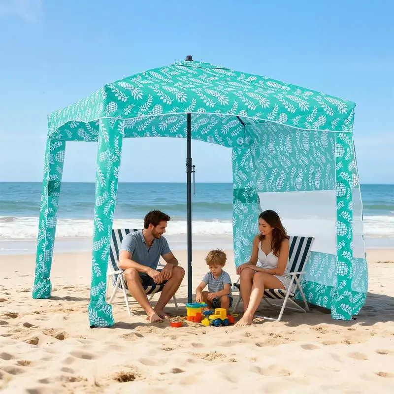 Beach Cabana, 6 x 6 ft Beach Canopy with Side Wall, UPF 50+ Protection Easy Setup Cabana Tent with Sand Pockets, Large Portable Shade Sun Shelter, Outdoor Umbrella for Whole Family & Friends