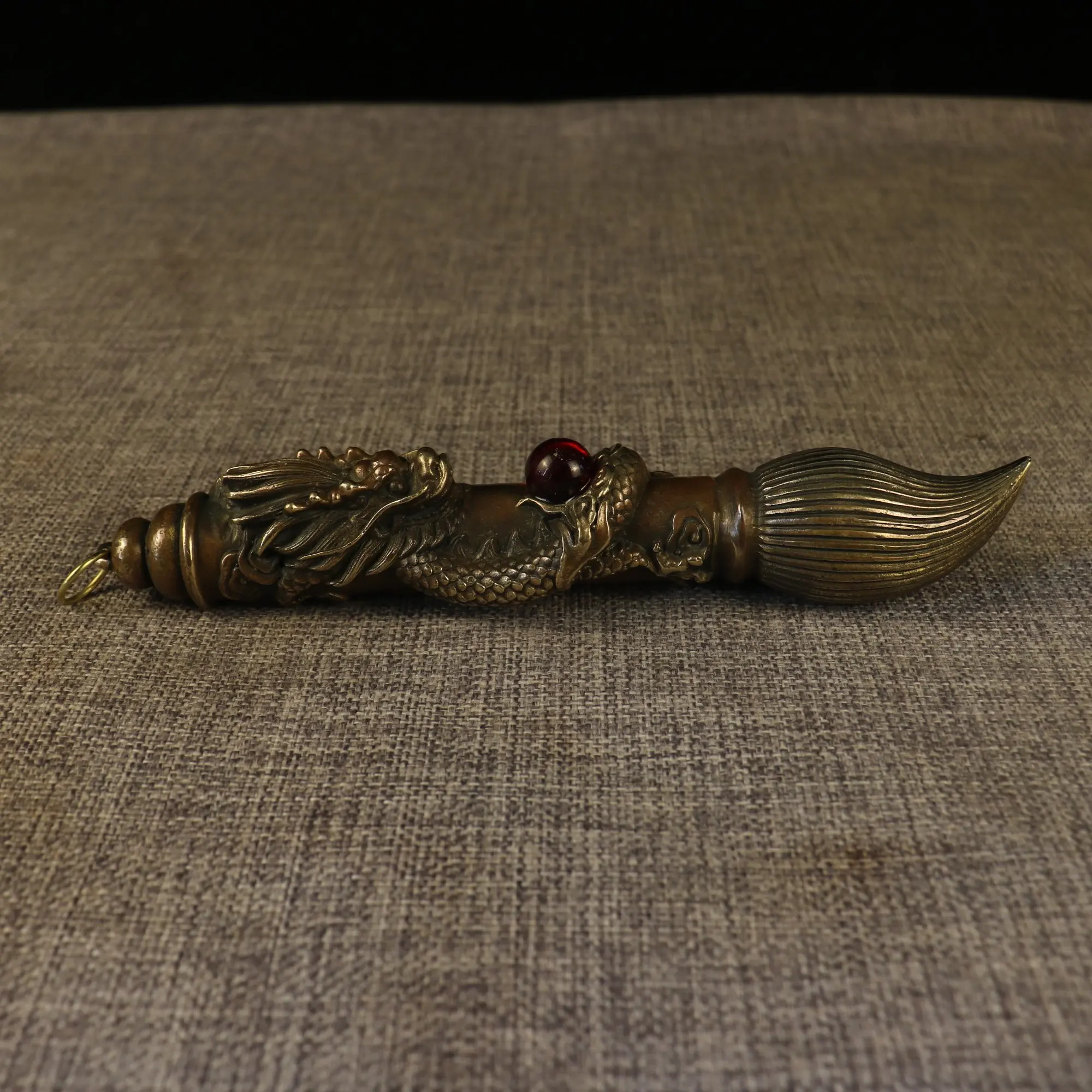 19cm Exquisite Chinese Writing Brush Dragon Red Bead Statue Brass Copper Ornaments Carved Pendant