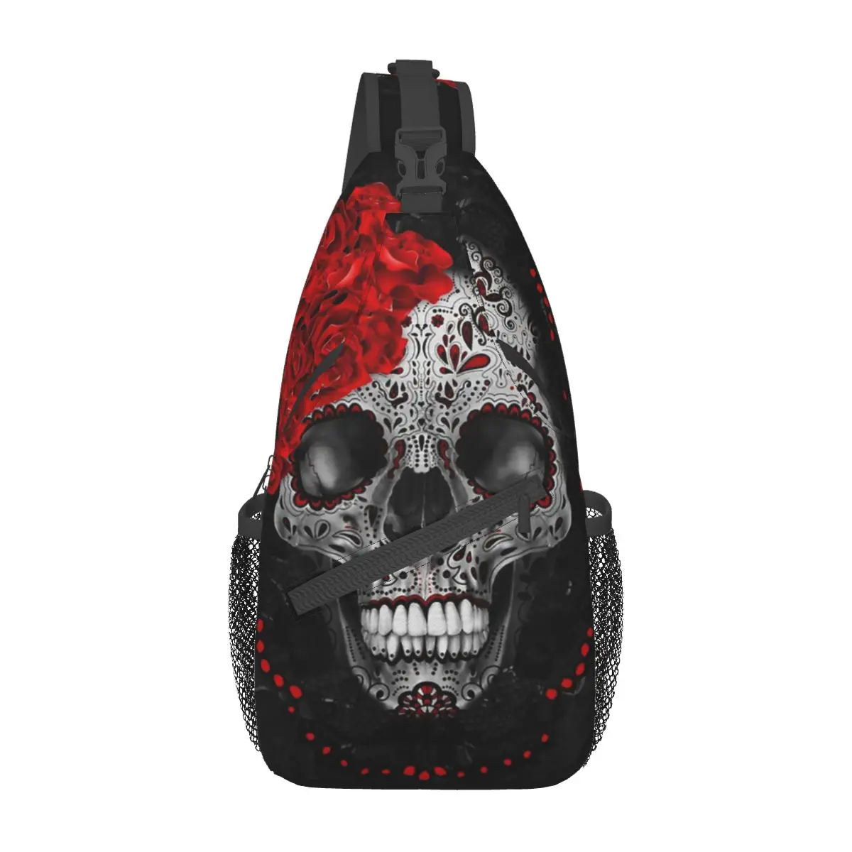 Sugar Skull-Sac à bandoulière en dentelle rose noire, sac à dos de poitrine cool, sac à dos initié, sac à dos pour la randonnée, sac à livres de sports de plein air