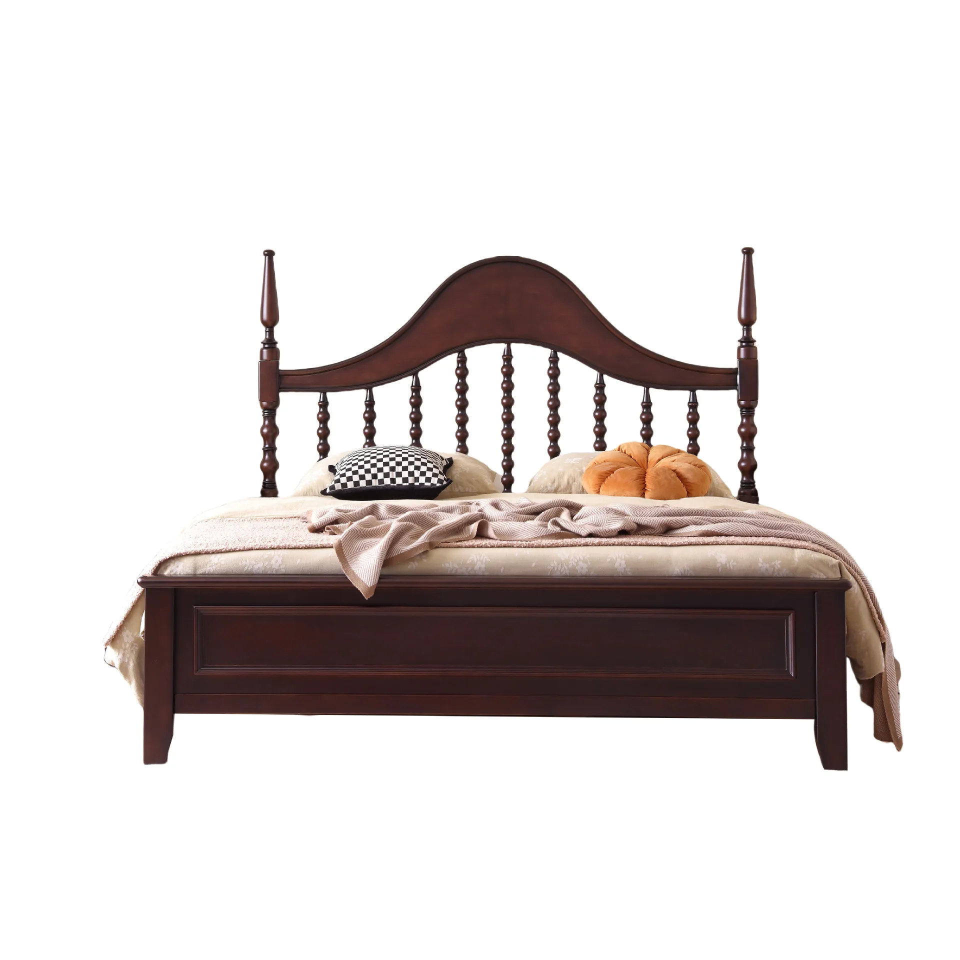 

# Solid Wood Bed with Scalloped Spindle Headboard&Tall Turned Posts, Walnut Finish for Luxurious Master Bedroom