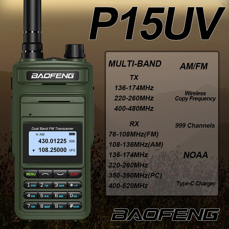 2024 New Update Baofeng P15UV Air Full Band Walkie Talkie AM FM Type C 999 CH Long Range Wireless Copy Frequency 2 Way Ham Radio