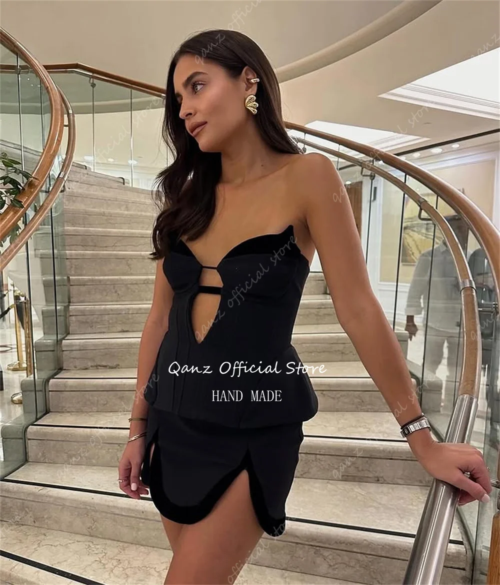Qanz Mini Black Satin Prom Dresses Corset Back  Bespoke Occasion Dresses Sweetheart Plus Size Vestidos De Fiesta Customized image 4