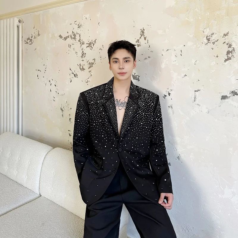 

Retro Sle Men's Suit Jaet Sparkling Stars Nightclub Stage Faion Trendy Haome Drill High-End Feel Casual Western Coat