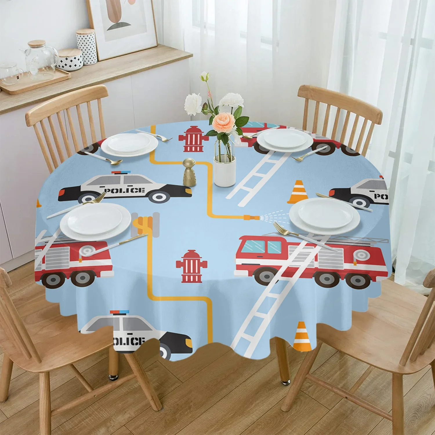 Toy Police Car Fire Truck Vehicle Cartoon Round Tablecloth Waterproof Table Cover Home Kitchen Table Cloth Table Decoration