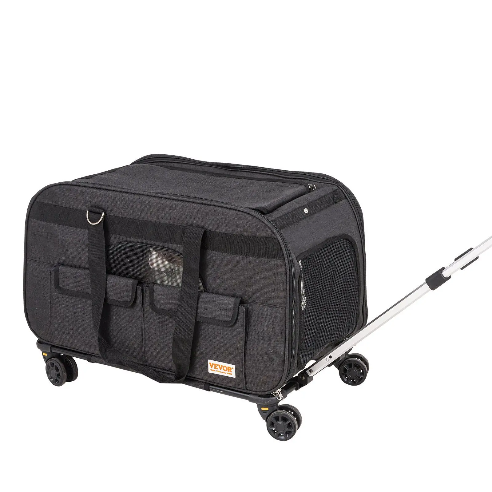 

"Rolling Pet Carrier – Telescopic Handle & Shoulder Strap for Pets Under 35LB (Includes Bowl, Black)."