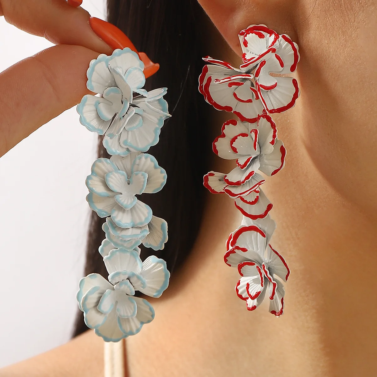 Multi Layered Ruffle Edged Floral Drop Earring Striking Contrast Outline Petal Tassel Statement Holiday Runway Jewelry Accessory