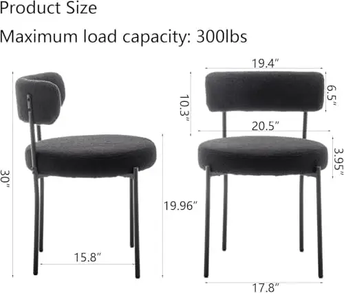 Black Boucle Dining Chairs Set of 4, Upholstered Dining Chairs with Black Metal Legs, Round Modern Dining Chair for