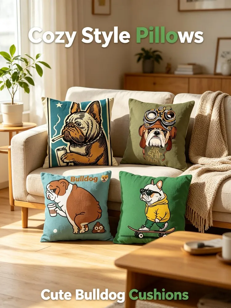VIKAMA New Arrival Bulldog Pillow Covers Set , Cute French Bulldog Print Square Cushion Cases, Soft Linen Throw Pillowcase f