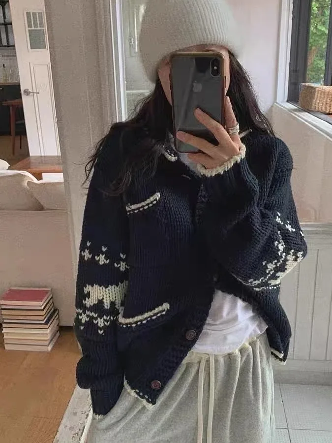 Вязаный открытый кардиган в стиле ретро в скандинавском стиле с воротником оленя, женский осенне-зимний свитер с одной пуговицей Faion Age-Defng Jaet