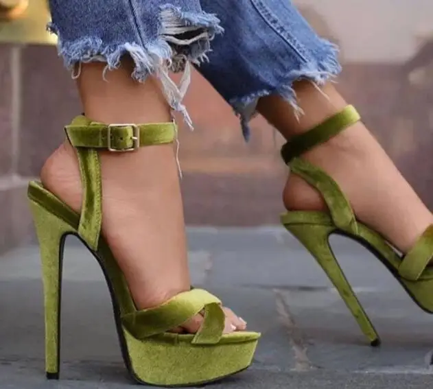 

Hot Woman Green Gray Burgundy Velvet Cross Strap Open Toe Platform Thin Heels Summer Sandals Ankle Buckle High Heel Sandals Shoe