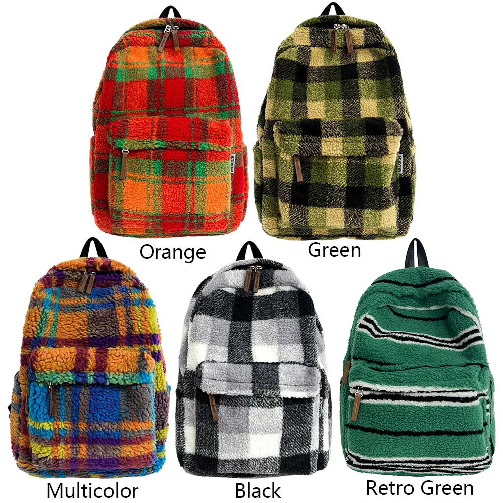 Mochila de pelúcia xadrez para mulheres, lã de cordeiro casual, colour clash, bolsa de escola fofa para meninas, pele sintética, bolsa macia para livros estudantis