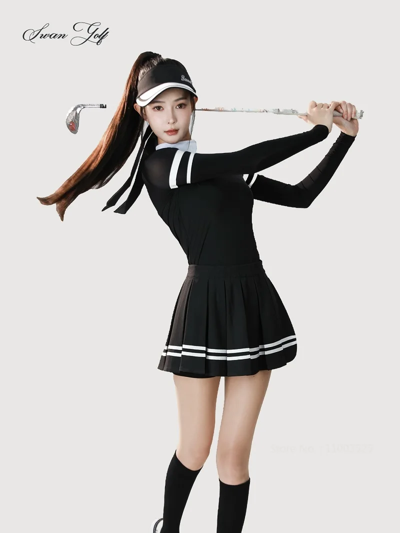SG New Golf Women Striped Long-sleeved T-shirt Autumn Spring Warm Tops Ladies Fashion Sports Golf Pleated Skirts with Short