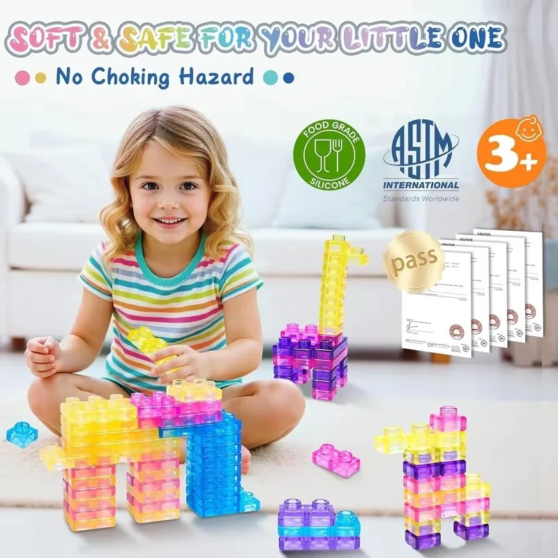 40PCS Magic Gummy Bloc Soft Building Blocks for Kids, Food-Grade TPE Sensory Stacking Toys, Transparent Jelly Bricks,Educationa