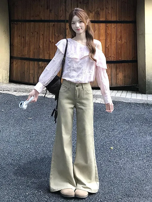 

Американские ретро-джинсы цвета хаки, женские, с низкой посадкой, свободные, широкие штанины, длиной в пол, осенняя новинка, бренд Sle PmORh