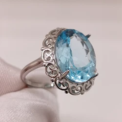 10ct VVS Grade Natural Topaz Ring 12mm*16mm Light Blue Topaz Silver Ring for Party Luxury 18K Gold Plating 925 Silver Jewelry