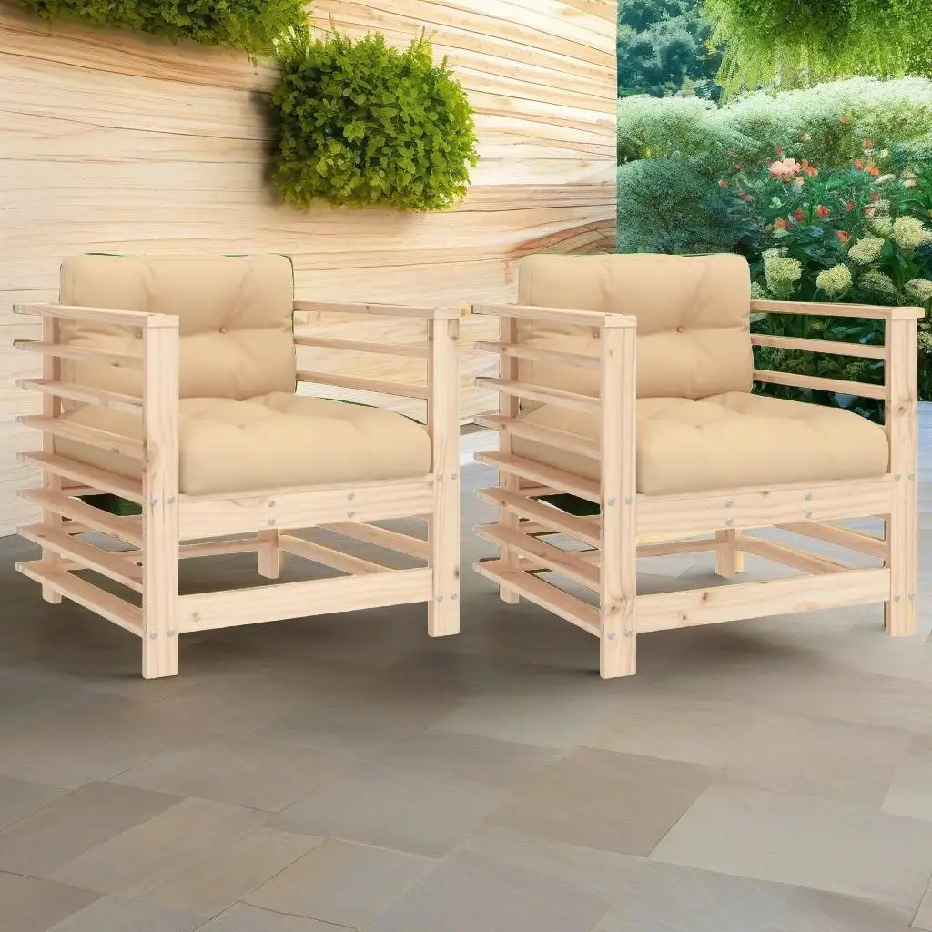 2-Piece Solid Wood Pine Patio Chairs with Cushions - Stylish Outdoor Seating Set