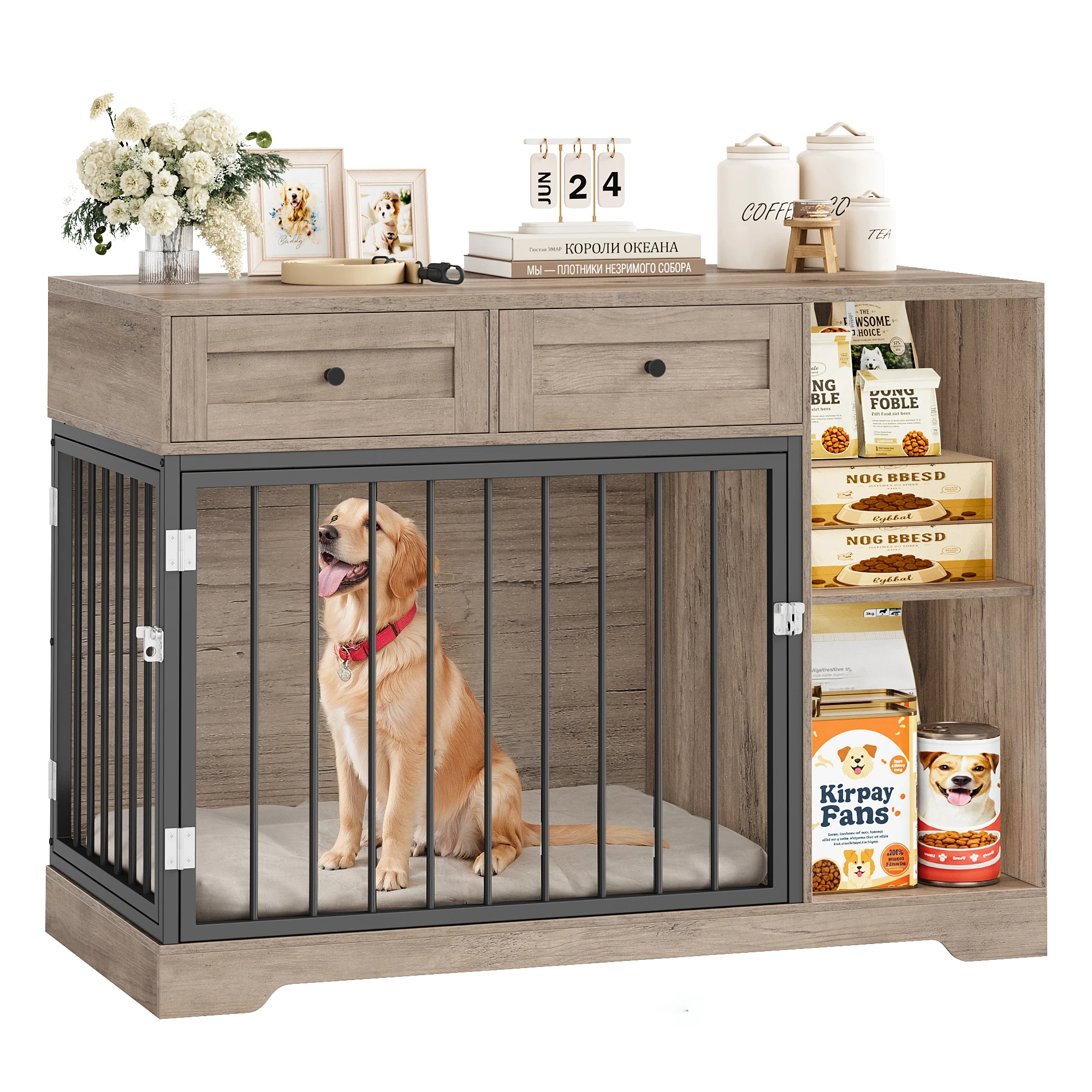 Getone Hondenkrat Meubilair, Houten Hondenkrat 120 cm, Hondenhok Binnen, Hondenkooi XXL 2-wegdeur 2 lades 2 compartimenten Dressoirkast Wit+Bruin 120x87x60cm