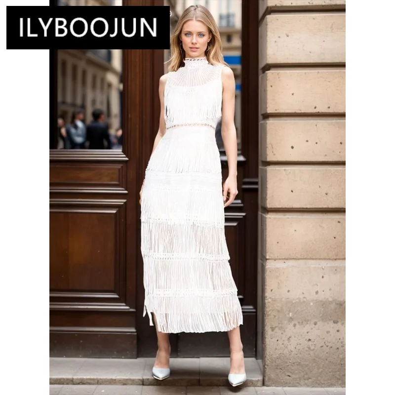 

ILYBOOJUN Solid Patchwork Tassel Dresses For Women Turtleneck Sleeveless High Waist Temperament Hollow Out Dress Female New