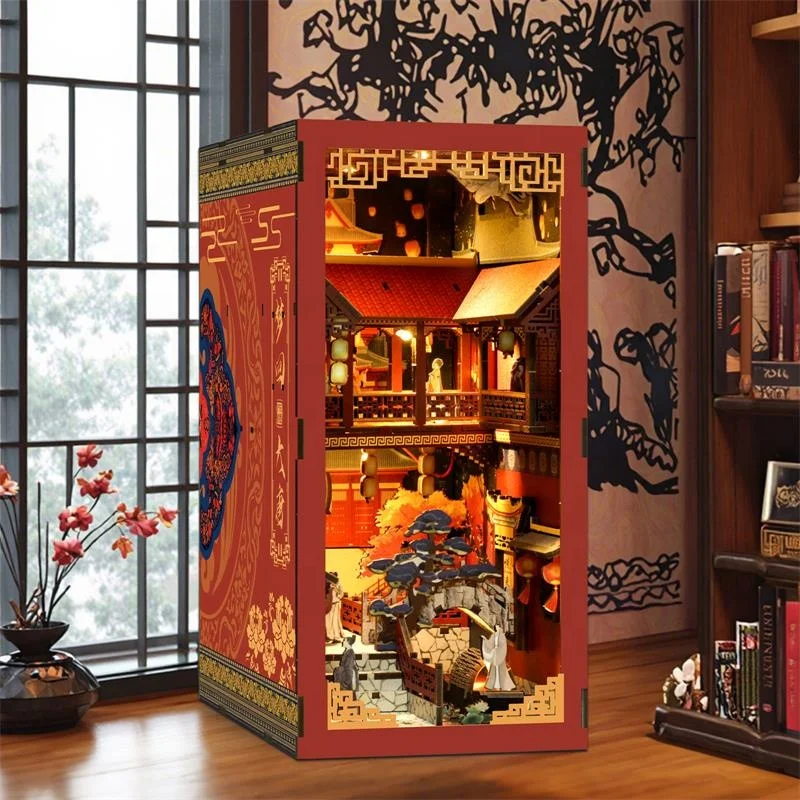 DIY Wooden Book Nook Insert Kit Doll Houses Building Toys Book Nook Kit Handmade 3D Miniature House with LED Light for Kids Gift