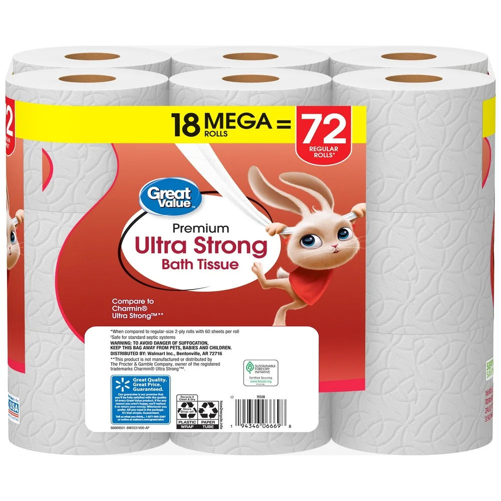 Papel higiénico ultra fuerte de 2 capas, 18 Mega rollos, tejido absorbente para baño, séptico, seguro, suave, en relieve, esencial familiar de lujo
