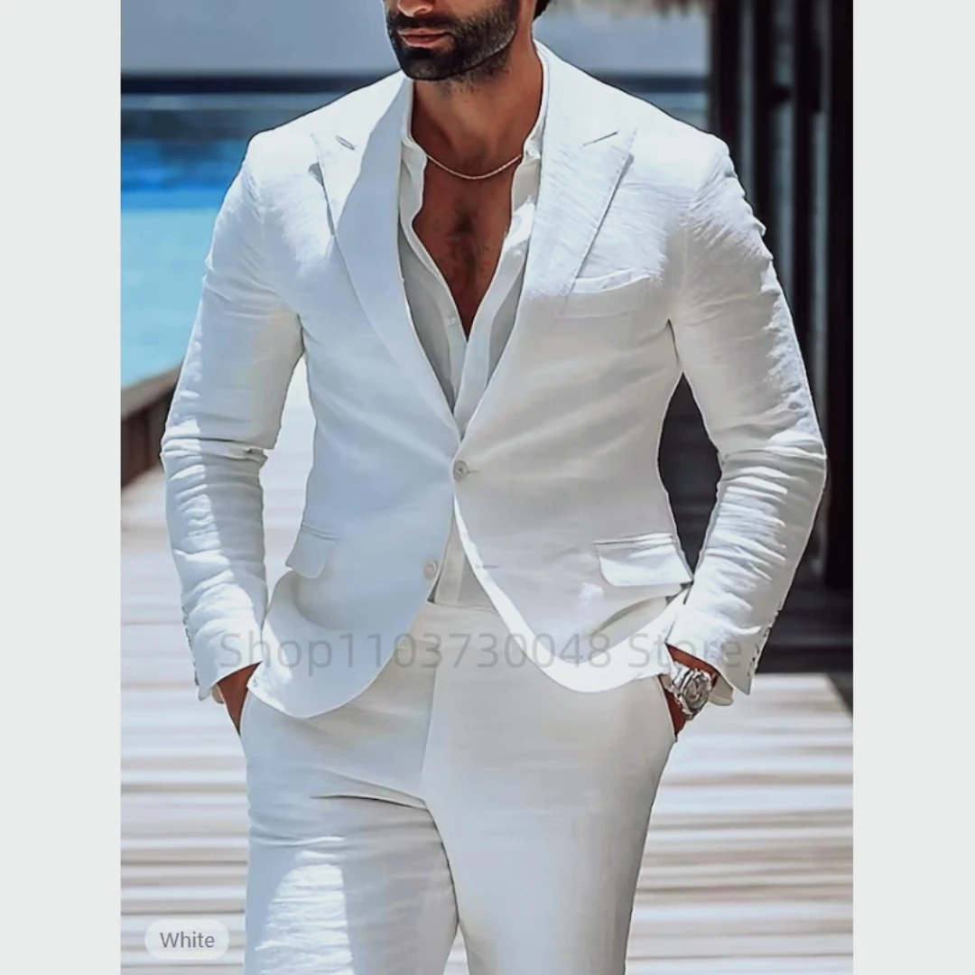 

Summer Beach White Linen 2-Piece Wedding Men Suit Slim Fit Single Breasted Notch Lapel Blazer Pants High Quality Men's Clothing