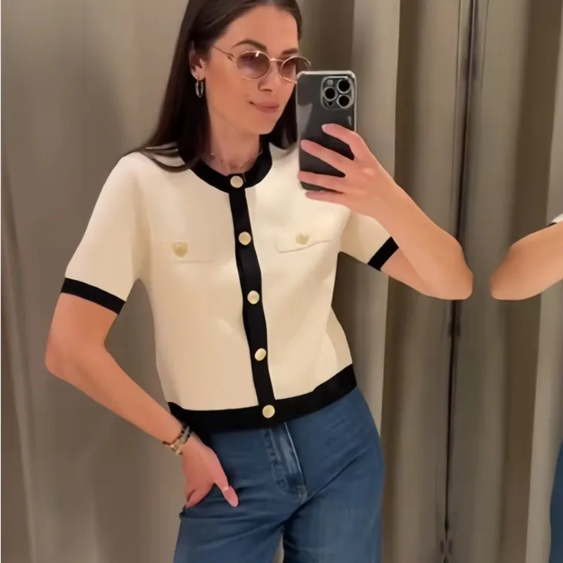 Giacca maglione lavorata a maglia da donna 2024 New Fashion Casual Classic O Neck monopetto a maniche corte Slim elegante Cardigan Coat Top