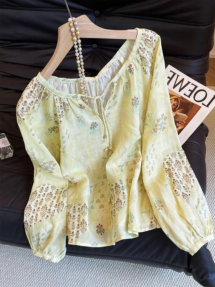 Csa de Manga Larga Deada con Estampado Artístico Retro para Mujer, Estilo Casual Hoado, Cuello en V, Abotonada, Moda O...