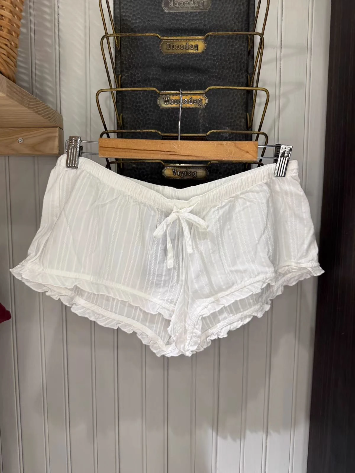 White Striped Drawstring Shorts Woman Summer See Through Low Waist Cotton Straight Short Pant Casual Sweet Ruffles Shorts Y2k