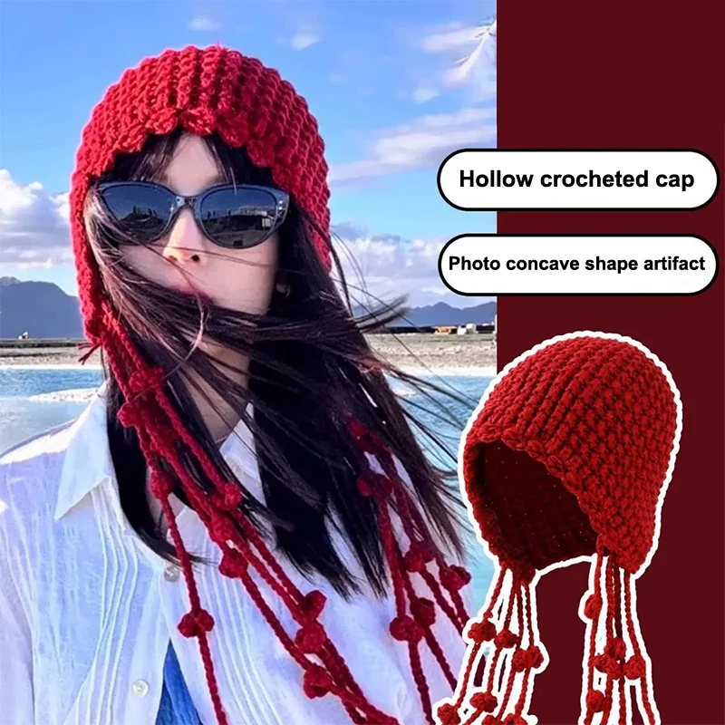 

Осенне-зимняя теплая шерстяная шапка ручной вязки с ажурным узором, женская, в этническом стиле, с бахромой, вязаная шапка-ушанка