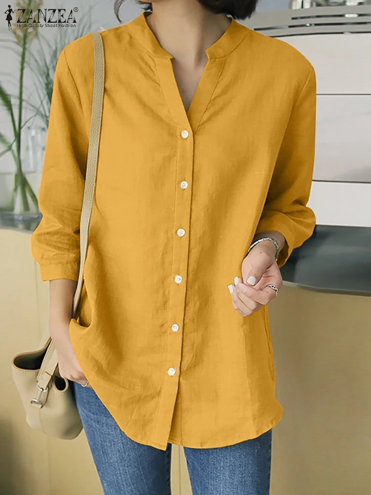 2024 ZANZEA Summer Women V Neck 3/4 Sleeve Shirt Elegant Solid Blouse Female Casual Loose Work Blusas Fashion Buttons Down Tops