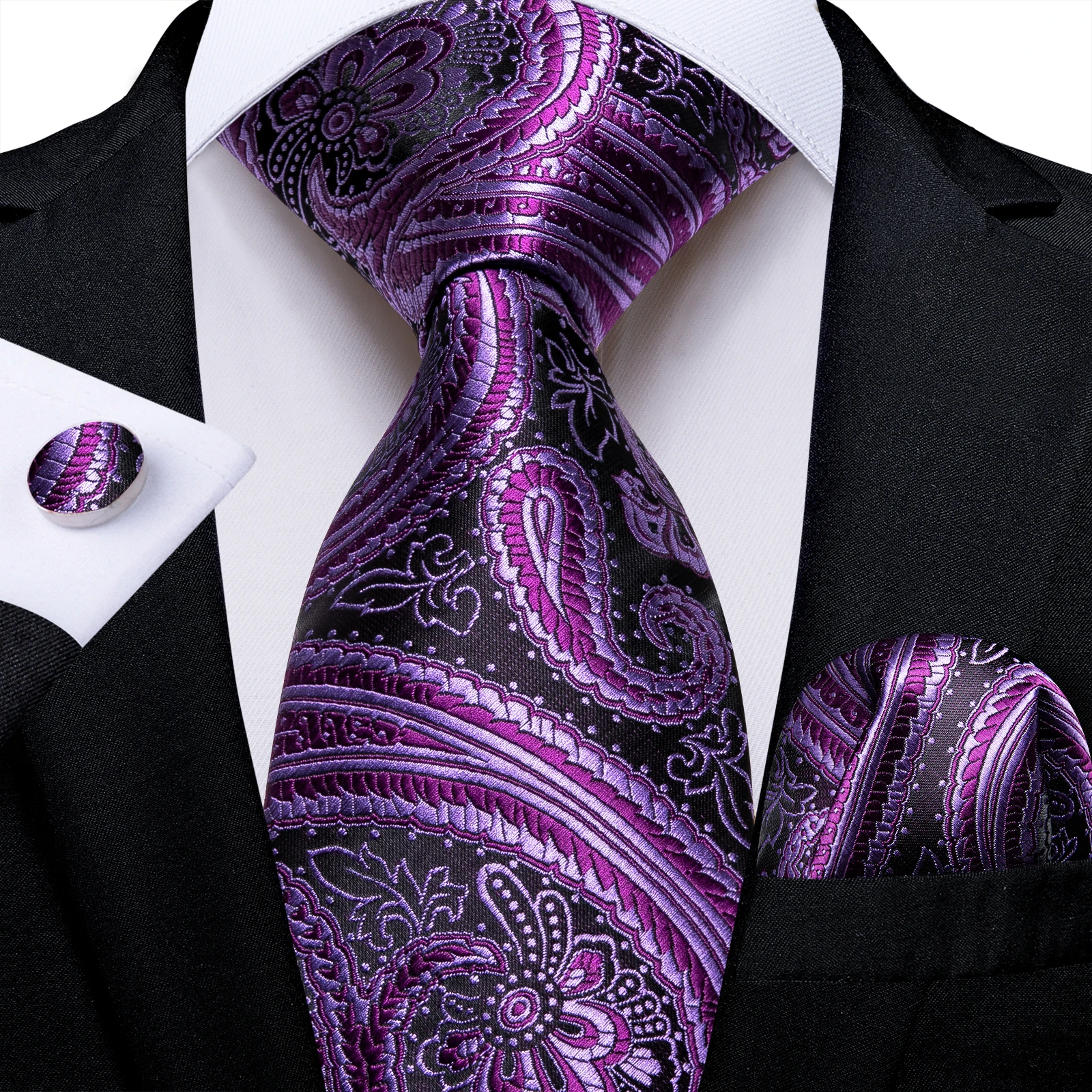 

2022 New Luxury Purple Paisly Floral Mens Ties Wedding Accessories 8cm Silk Neck Tie Pocket Square Cufflinks Gift For Men