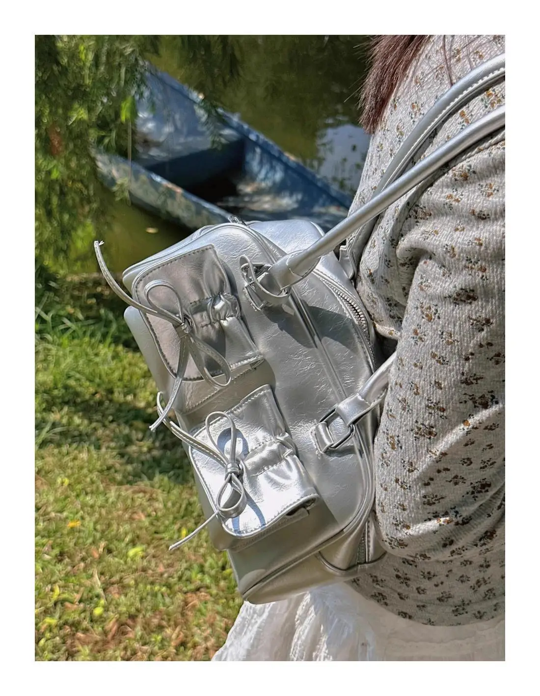 JIAERDI Bow Silver Bowling Bag Women Fairycore Aesthetic Leather Pockets Underarm Bag Purse Female Harajuku Sweet Cool Y2k Bags