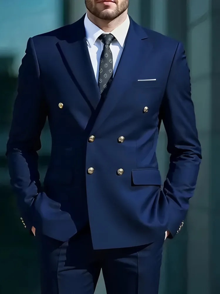 Fashion New Men's Leisure Boutique Business Banquet Solid Color Wedding Double Breasted Slim Fit Suit Blazers Jacket Pants - Image 4