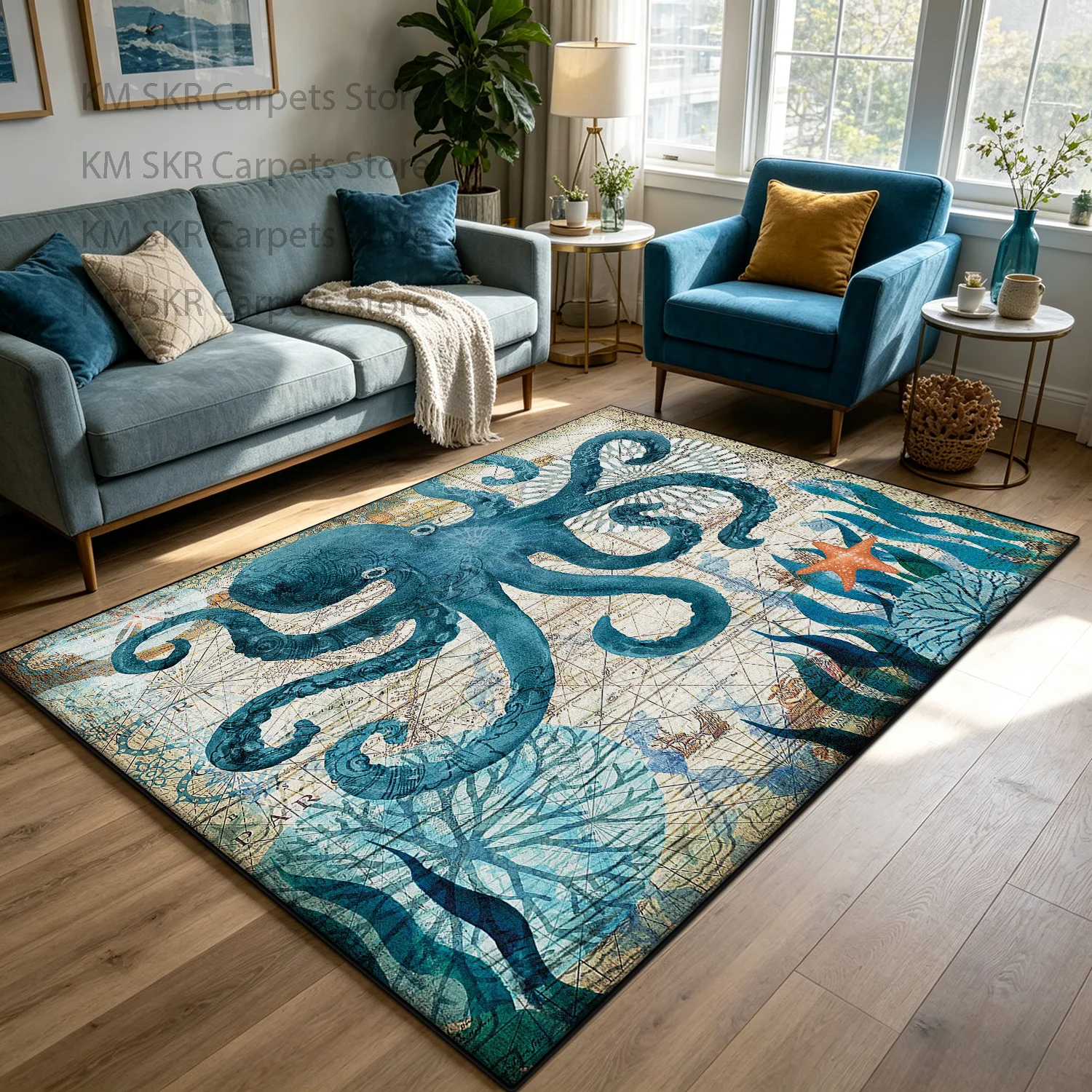 3D Ocean World Living Room Carpet Cute Lounge Décor Machine Washable Non-slip Lounge Rug Soft Fluffy Bedroom Bedside Mat Custom