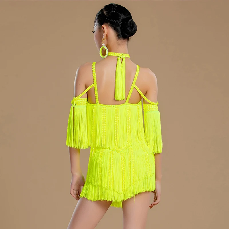 Fluorescent Yellow Latin Dress Girls Summer Fringe Dancing Dress Kids Professional Competition Costume Samba ChaCha Clothes 2646