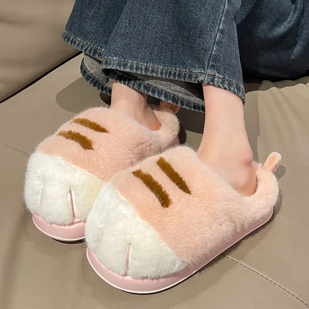 3D Cat Paw Plush Slippers Flat Thermal Slippers Comfortable Fluffy Home Slippers Anti Slip Cute Paw Slippers For Autumn Winter