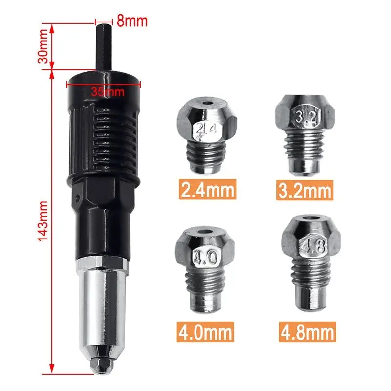 Professional Rivet Gun Adapter Kit with 4Pcs Different Matching Nozzle Bolts, Rivet Nut Gun Machine Riveter Insert Nut Tools